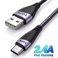 Кабель синхронізації Topk Micro USB 1m 2.4A нейлоновий чорний (TK15U-VER2-BL)