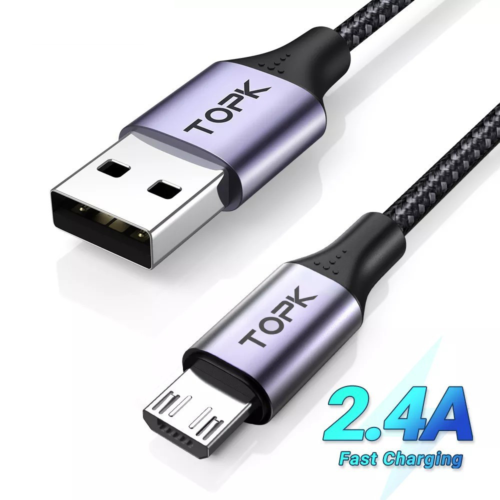 Кабель синхронізації Topk Micro USB 1m 2.4A нейлоновий сірий (TK10U-VER2-GR)