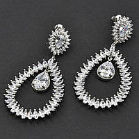 Сережки гвоздики металеві сріблясті з білими кришталевими камінцями Сваровскі довжина 6 см ширина 28 мм