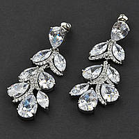 Сережки гвоздики металеві сріблясті зі стразами Сваровскі пелюстки довжина 5 см ширина 19 мм