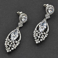 Сережки гвоздики металеві сріблясті з кришталевими камінцями Сваровскі довжина 5 см ширина 13 мм