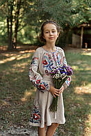Розовое детское платье с вышивкой в стиле петриковской росписи, арт. 4349