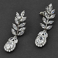 Сережки гвоздики металеві сріблясті пелюстки з білими кристалами Сваровскі довжина 4 см ширина 12 мм