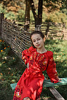 Красное детское платье с вышивкой в стиле петриковской росписи, арт. 4351