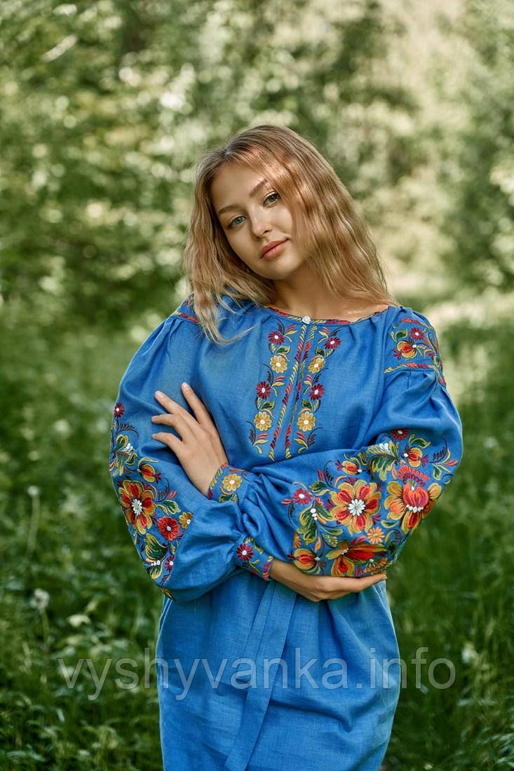 Синя лляна сукня вишиванка в стилі петриківського розпису, арт. 4519-коротка