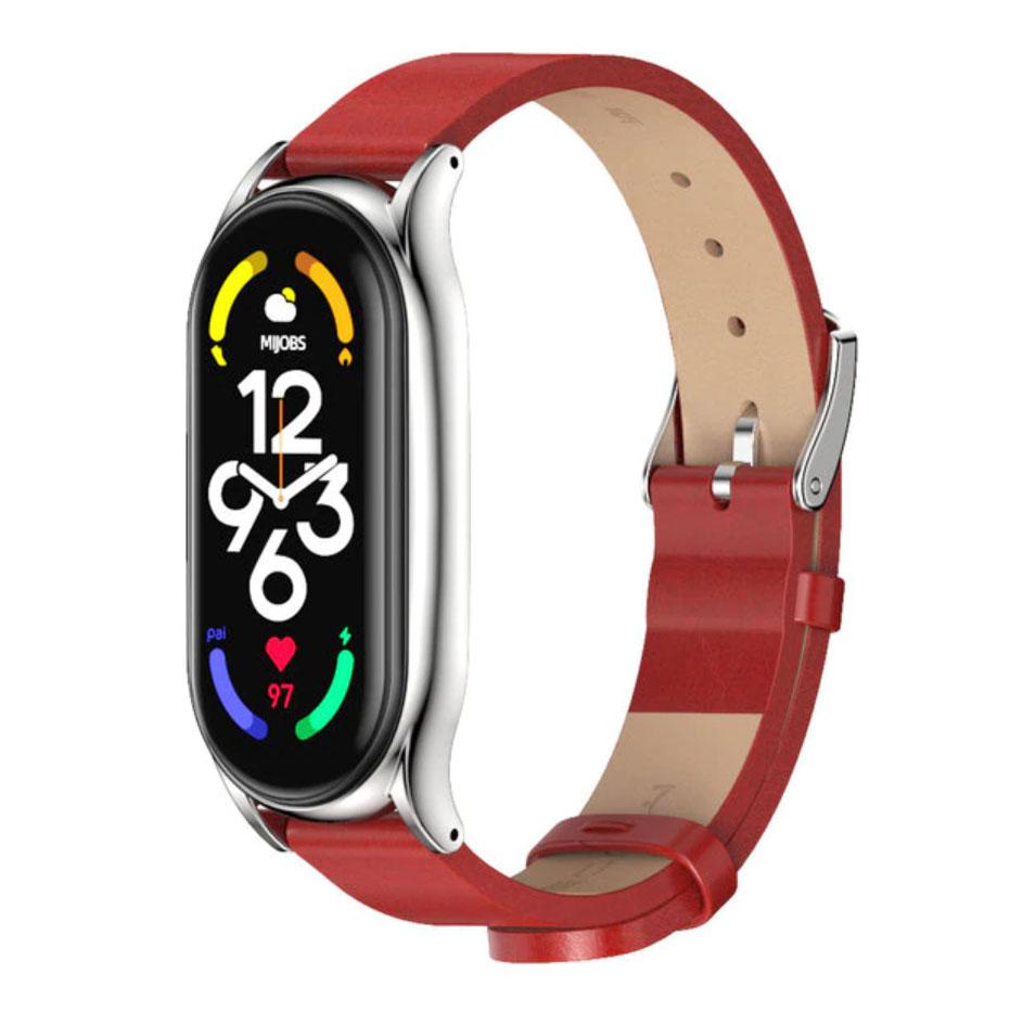 Шкіряний ремінець Primo Mijobs для фітнес-браслета Xiaomi Mi Smart Band 7 - Red&Silver, фото 1