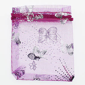 Мешочек подарочный прямоугольный органза розового цвета с затяжками бабочки размер 7/9 см 100 штук