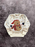 Детский новогодний свитер с снеговиком шерстяной без горла молочный (Bon)