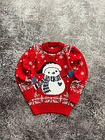 Детский новогодний свитер с снеговиком шерстяной без горла красный (Bon)