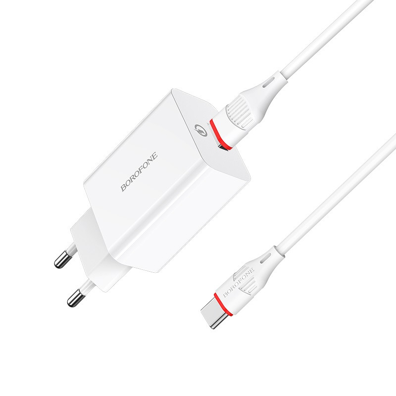 Зарядний пристрій USB BOROFONE BA21A QC3.0 1 USB + кабель Type-C (блістер) White