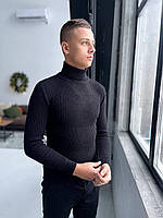 Мужской классический зимний свитер шерстяной в рубчик черный утепленный под горло (Bon)