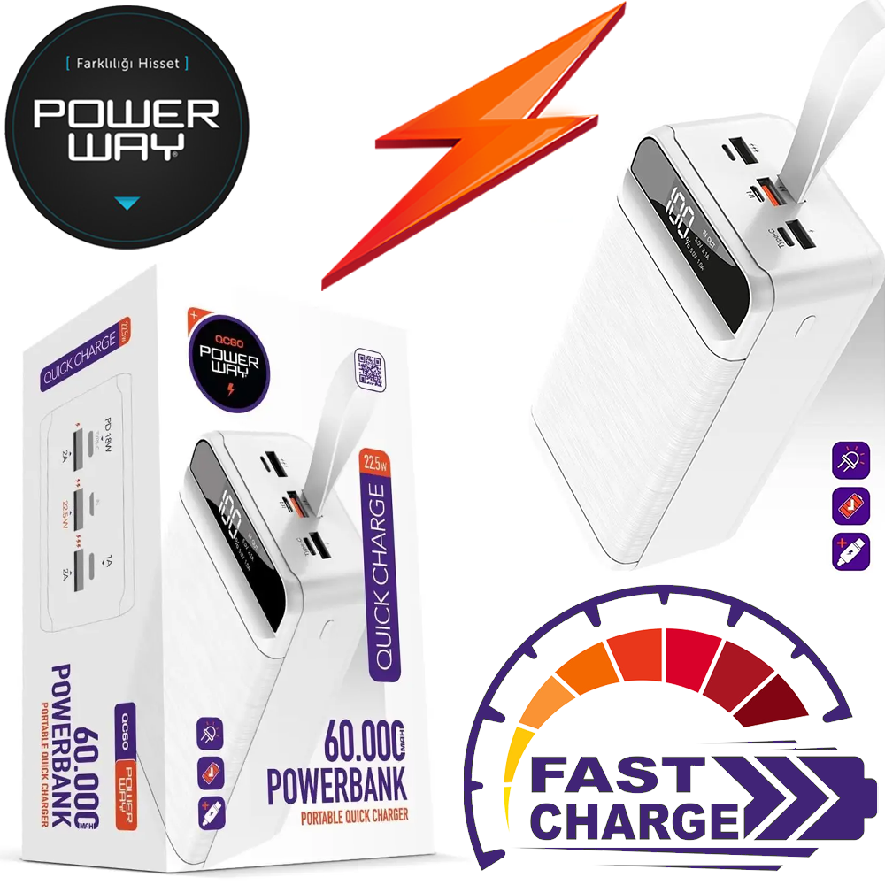 Повербанк зовнішній акумулятор портативний зарядний пристрій Power Bank Power Way QC-60 60000mAh, білий