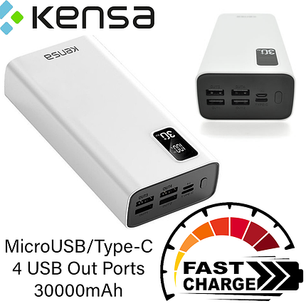 Повербанк зовнішній акумулятор портативний зарядний пристрій Power Bank Kensa KP-54 30000mAh, білий, фото 1