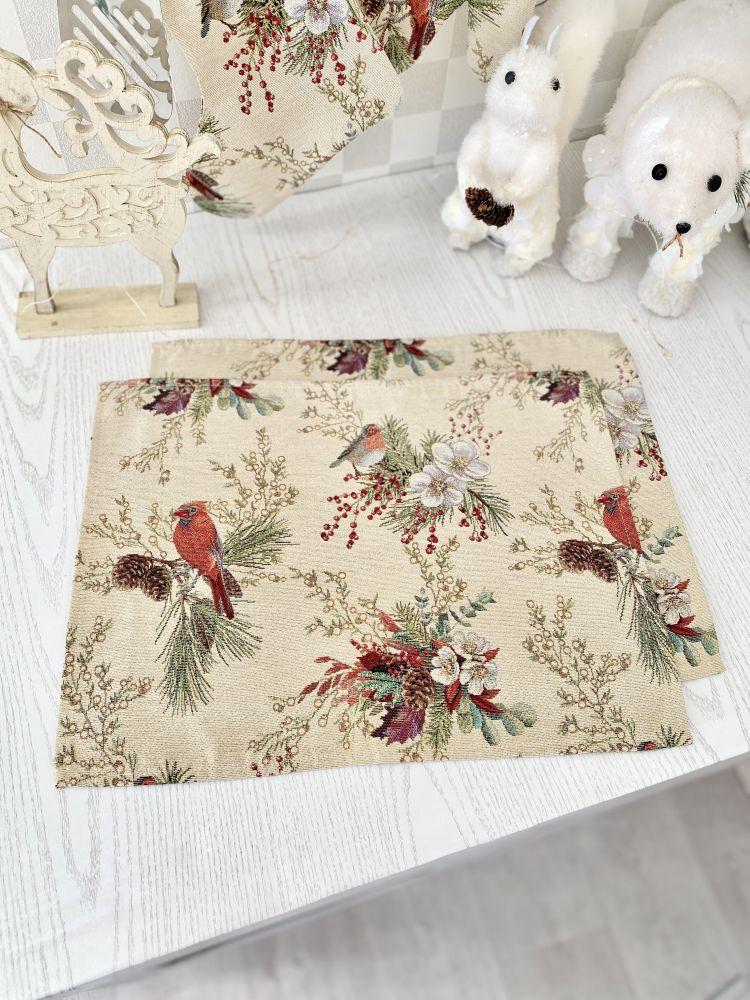 Серветка під тарілку гобеленова новорічна 34 х 44 см Limaso Лімасо тканинна серветка-підкладка пташки