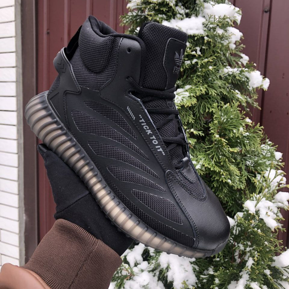 Чоловічі зимові кросівки Adidas Yeezy Boost високі шкіряні стильні повсякденні чорні