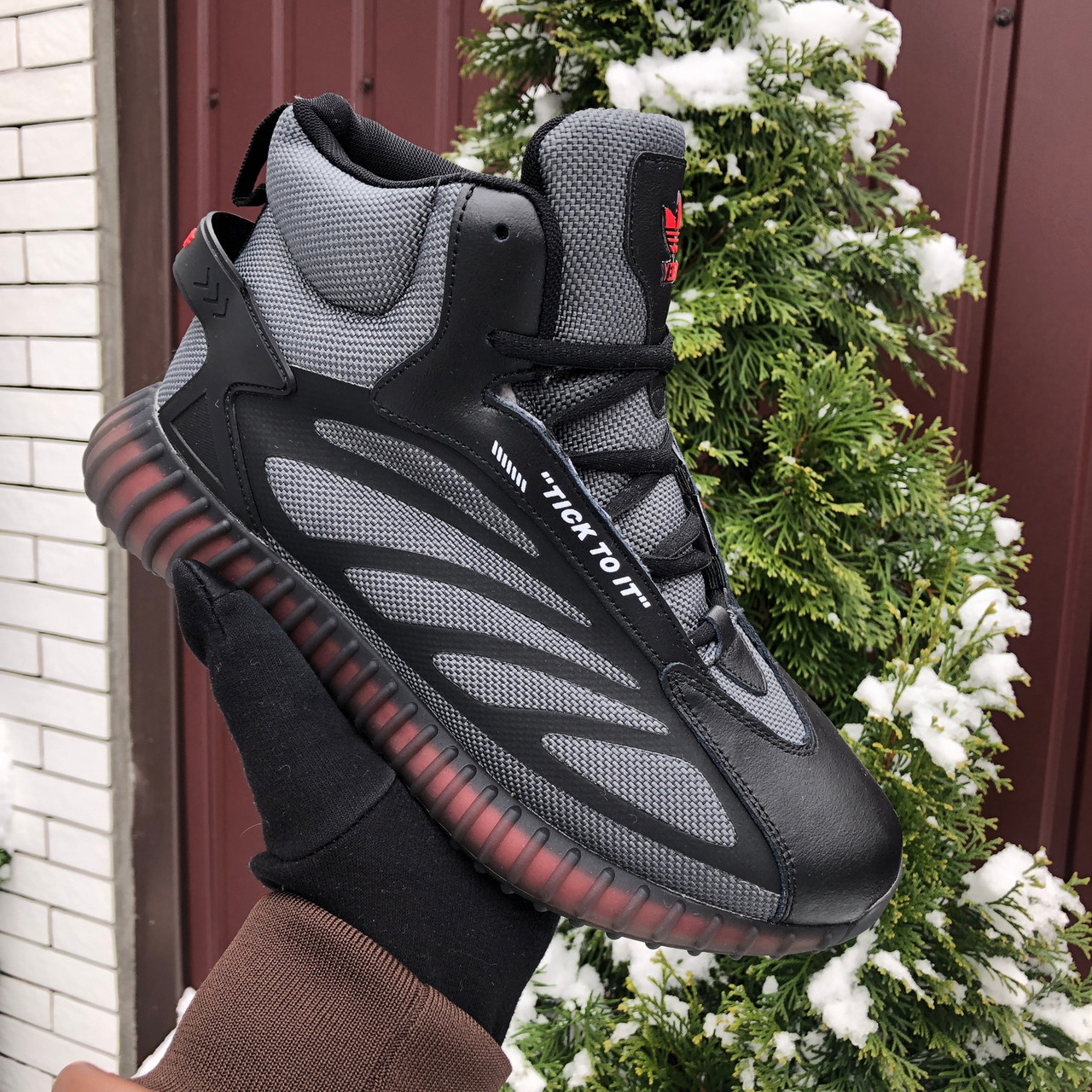 Чоловічі зимові кросівки Adidas Yeezy Boost високі шкіряні стильні молодіжні сірі