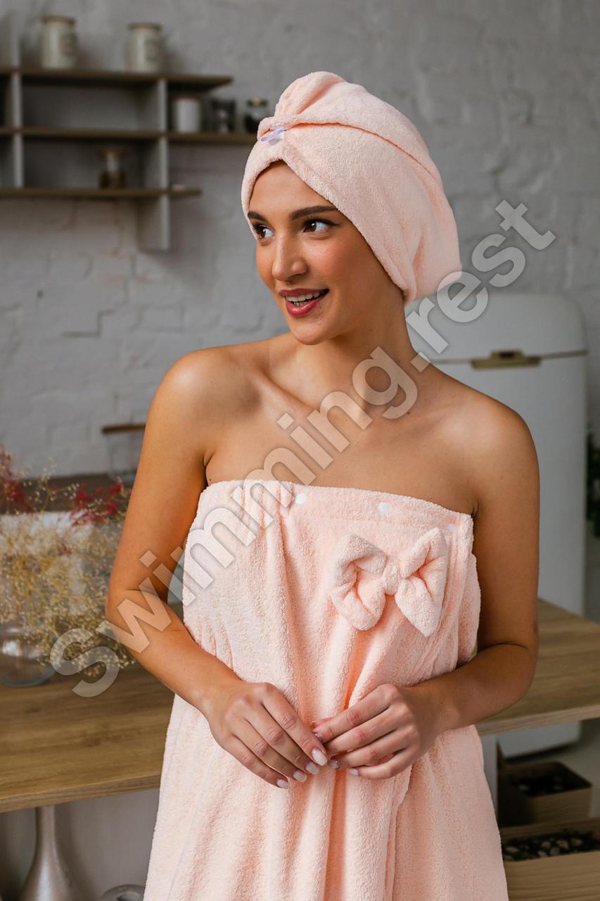 Набір жіночий 3в1 Рушник - халат, чалма, пов'язка мікрофібра для сауни лазні 140*80 см Ніжно-рожевий