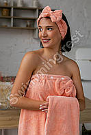 Набор женский 3в1 Полотенце - халат , чалма, пов'язка микрофибра для сауны бани 140*80 см Розовый