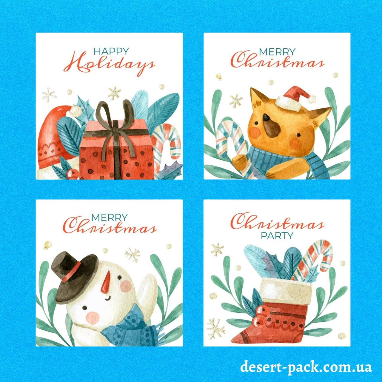 Новорічні бірки з отвором 60х60 мм (40 шт.) ТЕМА 1  /4 вида по 10 штук/