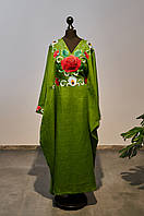 Сукня 100% льон, з вишивкою - роза і павич, вільного крою, стиль бохо, на зав'язках, колір - зелений.