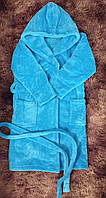 Теплый махровый детский, подростковый халат, с капюшоном р. 6-8,8-10,10-12,12-14 голубой