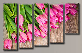 Модульна картина на полотні з 5 частин "Рожеві тюльпани"