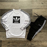 Adidas Мужской спортивный костюм белый+черный без капюшона осень/весна.Свитшот+штаны с лампасами демисезон