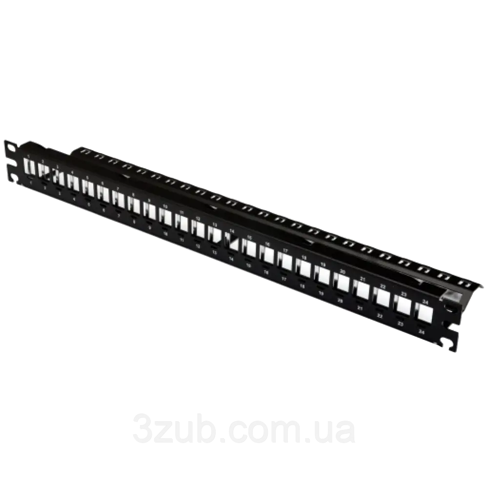 Патч-панель Патч-панель 19" під 24 модуля Keystone, 1U із заднім організатором, заземл., чорна