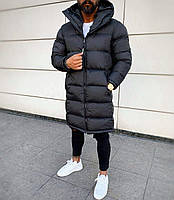 Мужская черная длинная стеганая куртка парка пуховик с капюшоном на молнии осень/зима/веснa