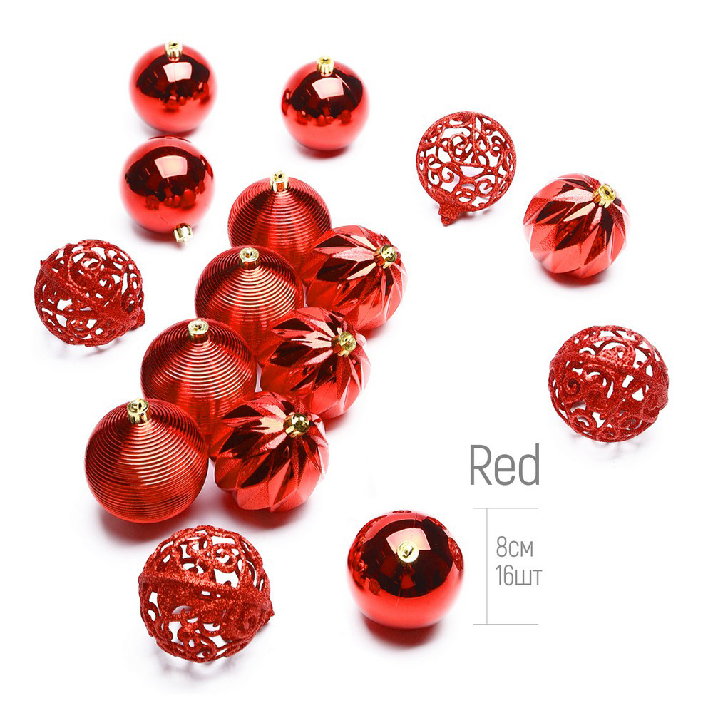 Набір ялинкових куль ColorWay (CW-MCB816RED) Merry Christmas mix, 8см, Red, 16шт
