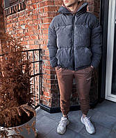 Мужская вельветовая серая куртка парка пуховик без капюшона на молнии осень/зимаЗимняя куртка мужская оверсайс