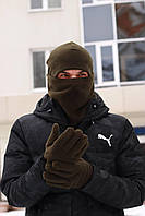 Стильный теплый мужской набор на зиму 3 в 1 Хаки, Утепленный комплект шапка+бафф+перчатки для мужчин
