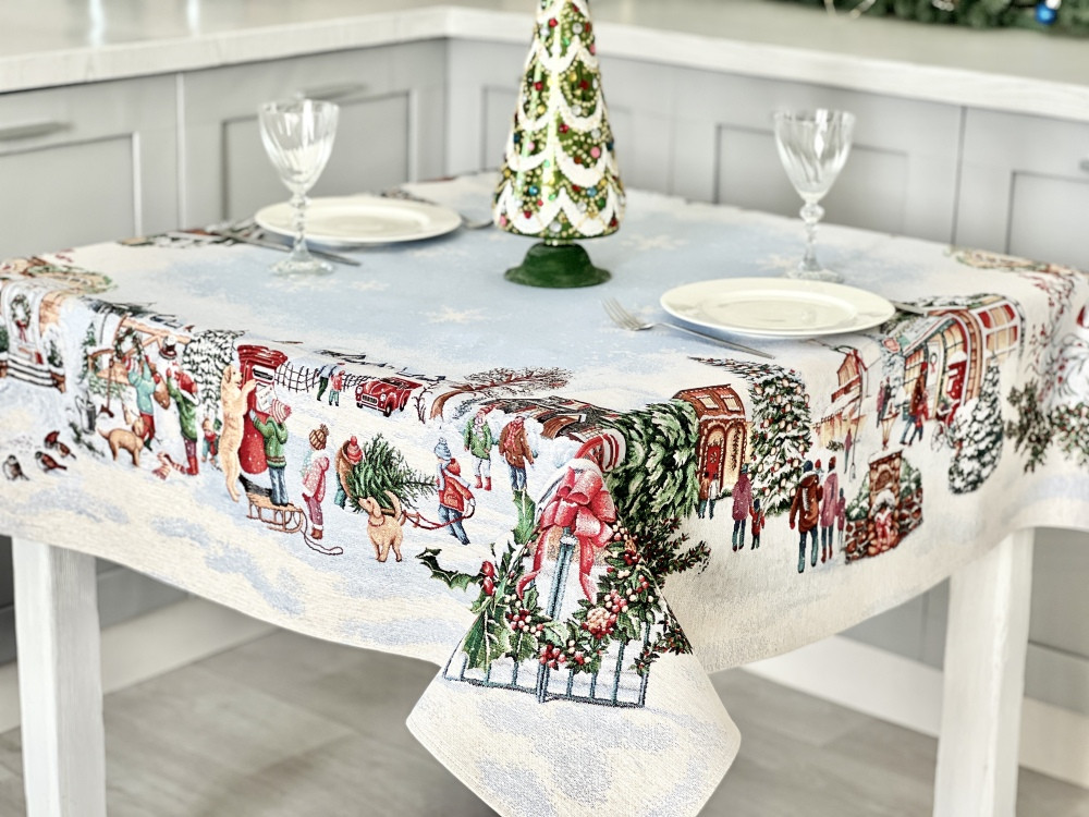 Новорічна гобеленова скатертина різні розміри тканинна Limaso Лімасо різдвяна Санта VILLAGE 137*137 см