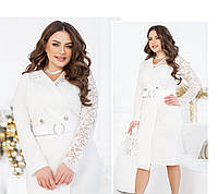 Батальное праздничное платье-пиджак с гипюром и поясом 42, Молоко