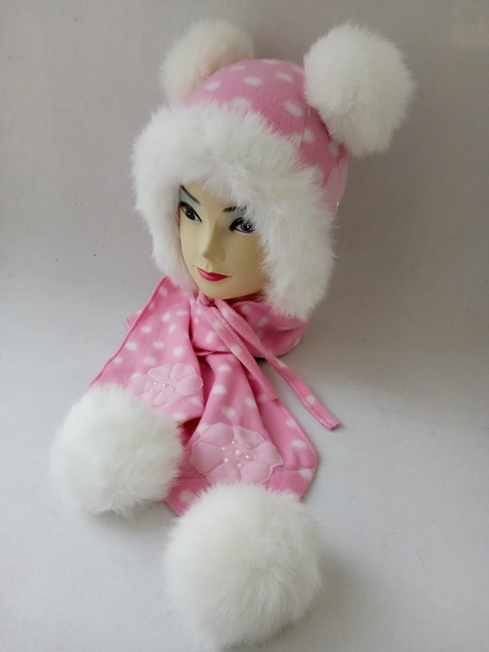 Шапка та шарф  |  Набір шапка шарф із флісу  |  Шапка для дівчинки ОГ 48-50 см  |  Шапка з хутром, фото 1