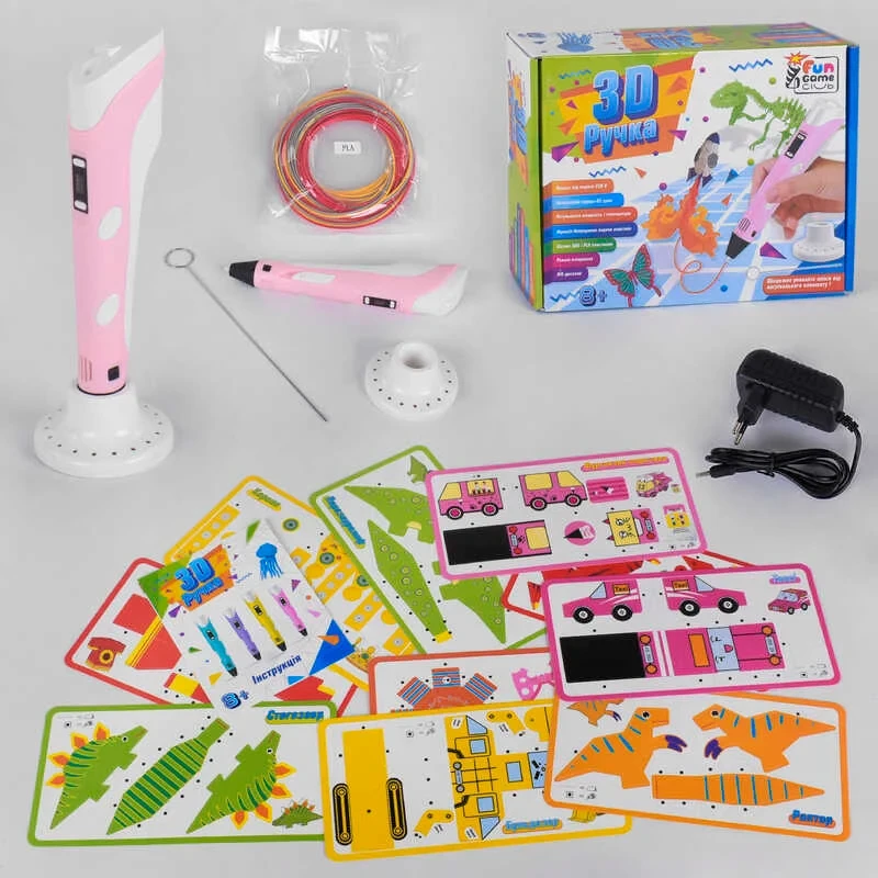 Дитяча 3Д-ручка з LCD-дисплеєм 28381, Рожева "Fun Game" для дітей, від мережі, з трафаретами, фото 1
