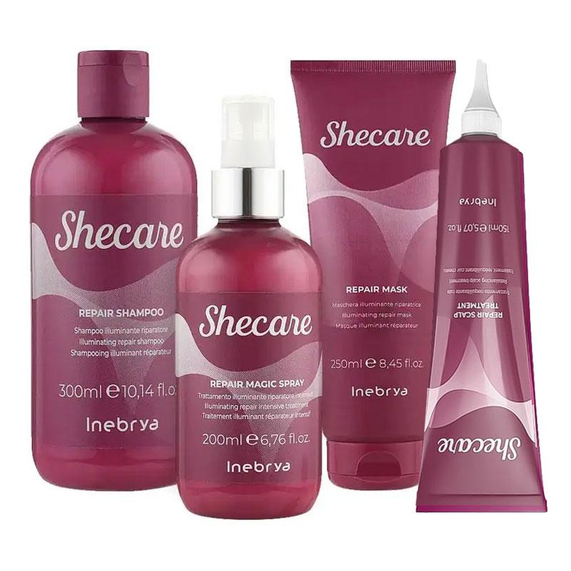 Набір Inebrya Shecare Repair відновлюючий для пошкодженого волосся: шампунь, спрей, маска та пілінг-скраб
