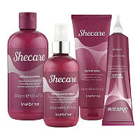 Набор Inebrya Shecare Repair восстанавливающий для поврежденных волос: шампунь, спрей, маска и пилинг-скраб