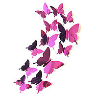 Метелика 3D на стіну на шпалери на меблі на вікно дзеркальні рожеві метелики 12 шт.