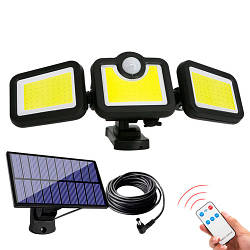 Ліхтар настінний потрійний IP65 з датчиком руху, сонячною батареєю і ДК