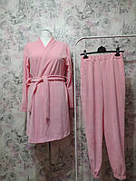 Женский Велюровый домашний комплект двойка халат штаны розовый бархатный костюм пижама 42
