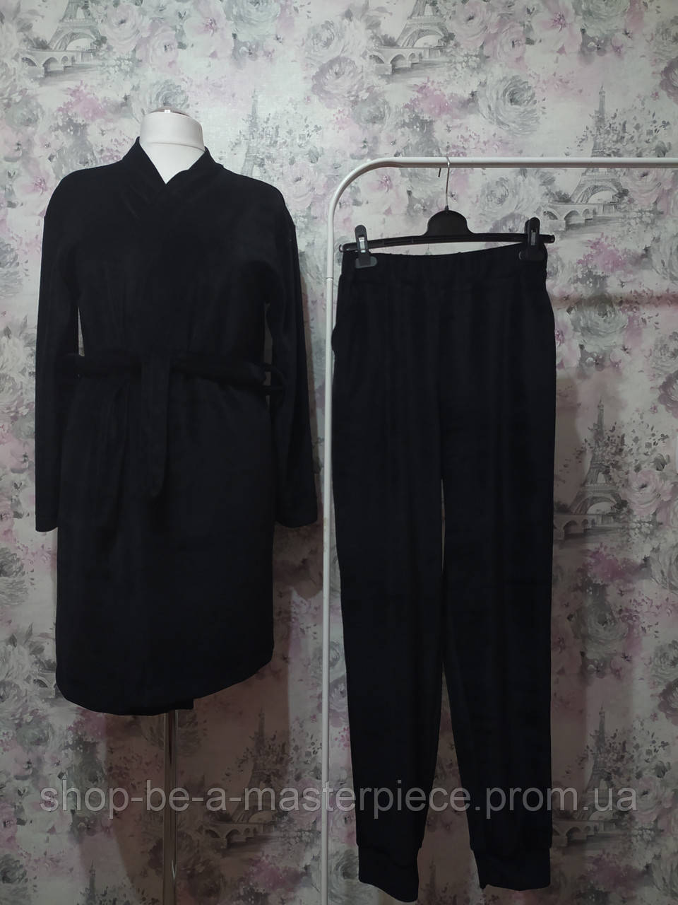 Жіночий велюровий домашній комплект двійка халат штани чорний оксамитовий костюм піжама 42