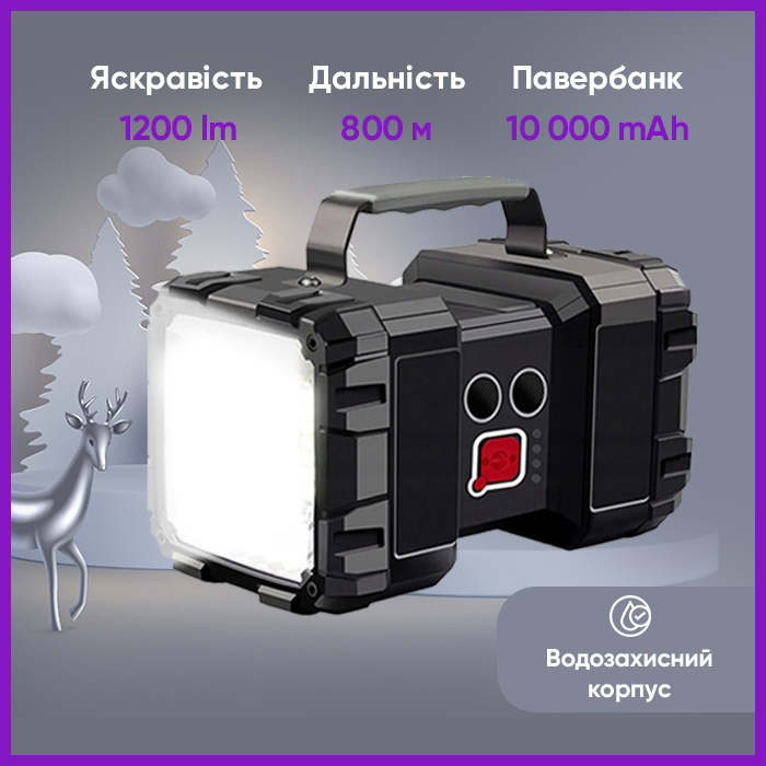 Фонарик аккумуляторный LED Мощный фонарик повербанк USB Аварийный фонарик LED - фото 1 - id-p1718657542