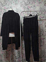 Женский Велюровый домашний комплект тройка халат Лонгслив штаны черный бархатный костюм пижама 42