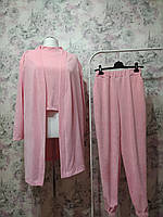 Женский Велюровый домашний комплект тройка халат Лонгслив штаны розовый бархатный костюм пижама 42