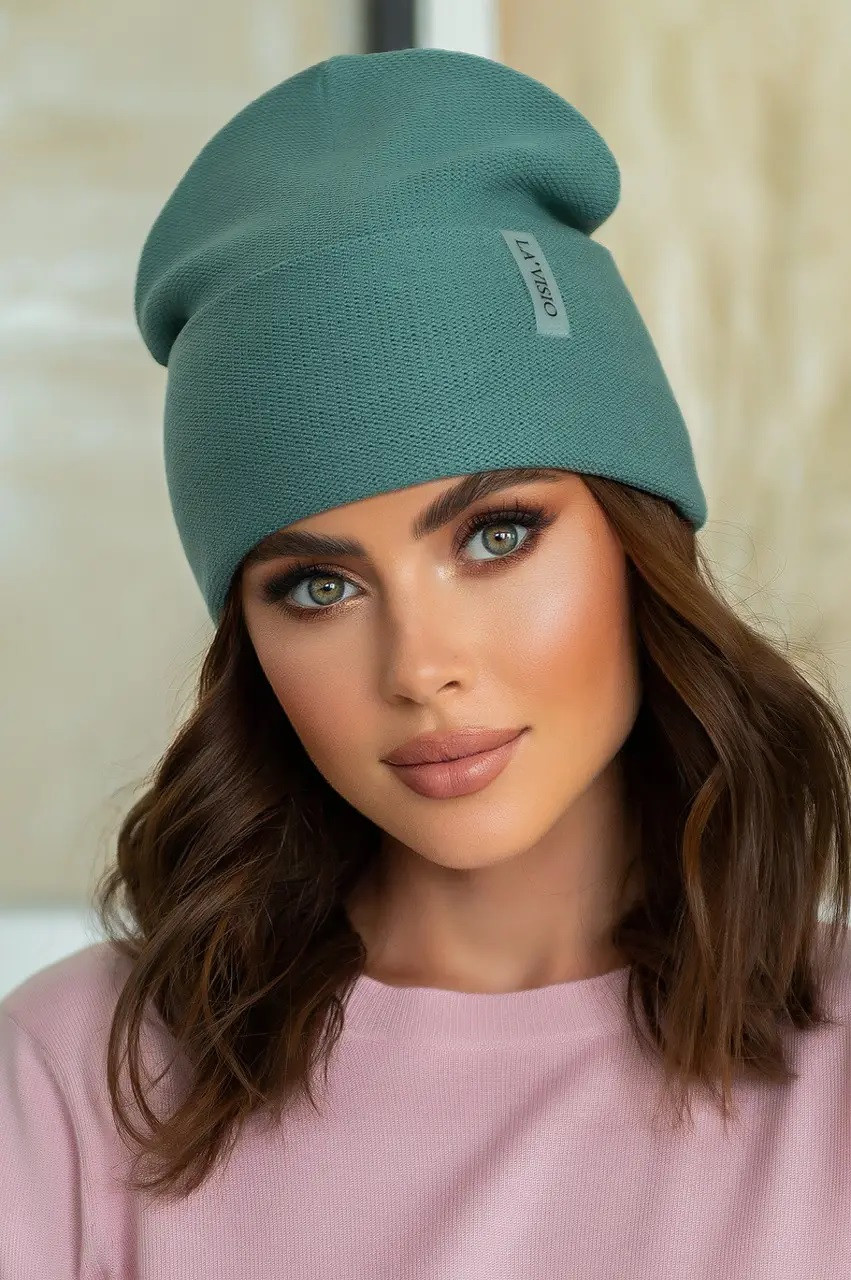 В'язана жіноча шапка з відворотом Monika, фісташкова, фото 1
