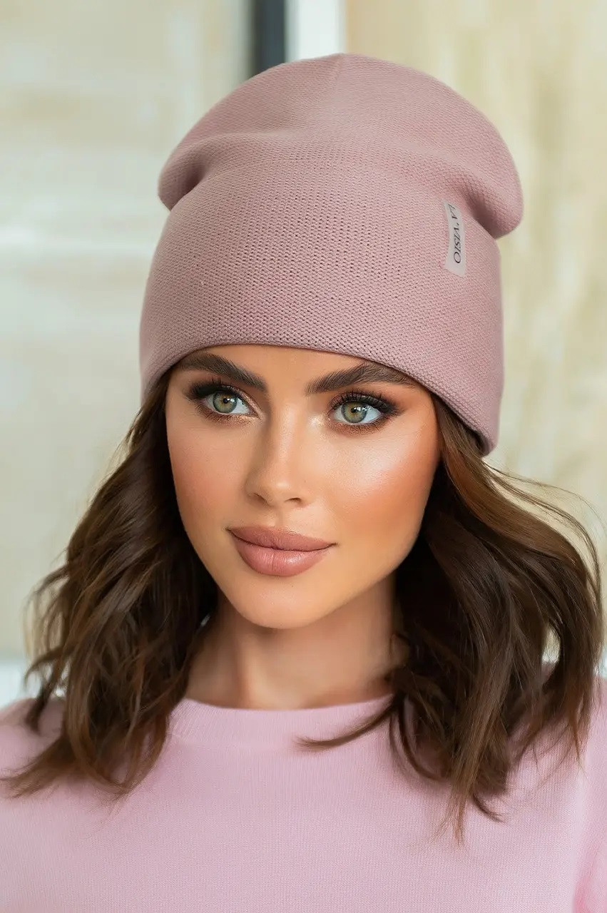 В'язана жіноча шапка з відворотом Monika, темна пудра, фото 1