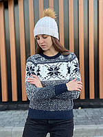 Жіночий Новорічний светр із зимовим орнаментом / Парні светри / Новорічні светри синього кольору