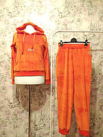 Женский Велюровый спортивный костюм худи штаны оранжевый бархатный домашний костюм 42