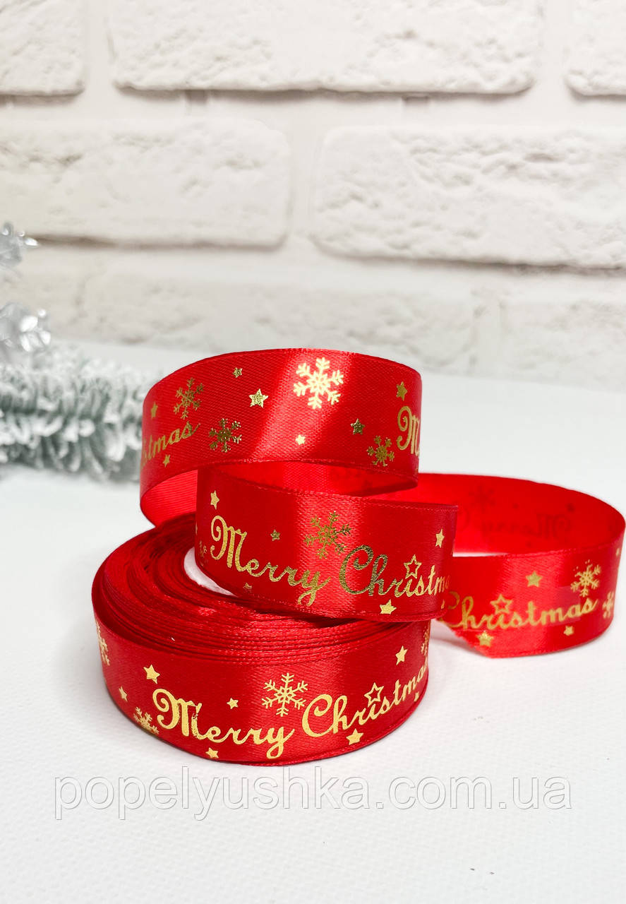 Стрічка атласна 4 см "Merry Christmas" червона, фото 1